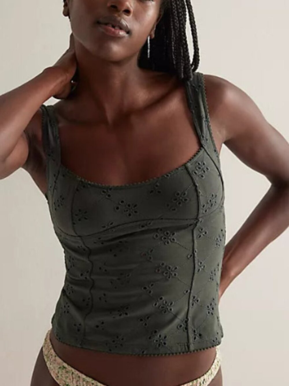 Free People Full Bloom Cotton Eyelet Cami in Hunter